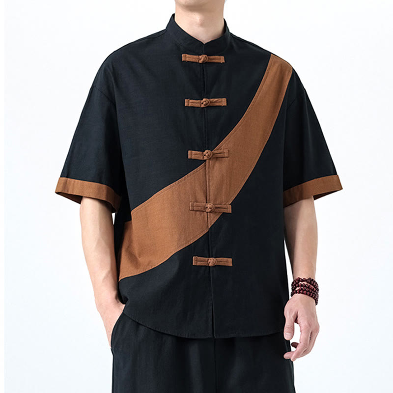 Buddha Stones春のカラーコントラスト 中国風フロッグボタンデザイン メンズ 半袖 コットンリネンシャツ - image 30