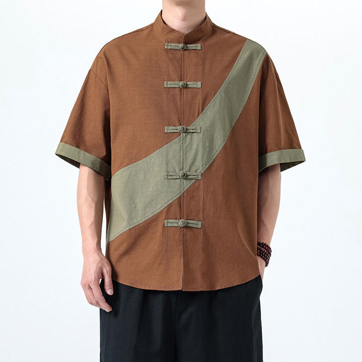 Buddha Stones春のカラーコントラスト 中国風フロッグボタンデザイン メンズ 半袖 コットンリネンシャツ - ペルー - US/UK/AU46、 EU56 (5XL) - image 18