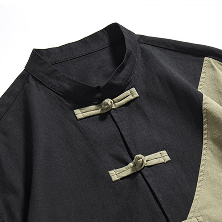 Buddha Stones春のカラーコントラスト 中国風フロッグボタンデザイン メンズ 半袖 コットンリネンシャツ - image 7