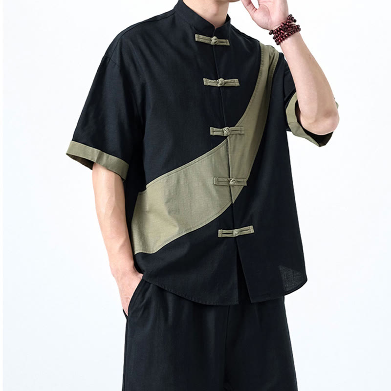 Buddha Stones春のカラーコントラスト 中国風フロッグボタンデザイン メンズ 半袖 コットンリネンシャツ - image 6