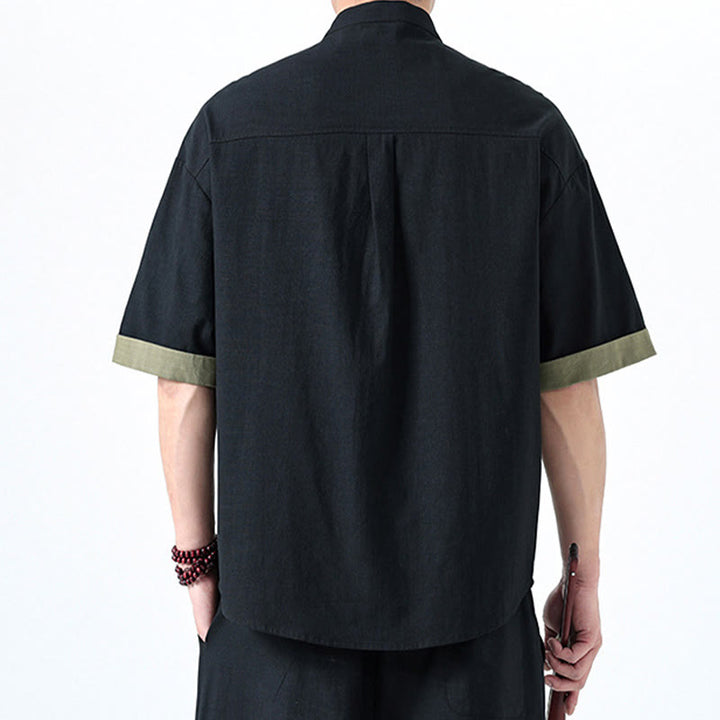 Buddha Stones春のカラーコントラスト 中国風フロッグボタンデザイン メンズ 半袖 コットンリネンシャツ - image 1