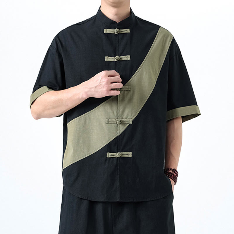 Buddha Stones春のカラーコントラスト 中国風フロッグボタンデザイン メンズ 半袖 コットンリネンシャツ - image 3