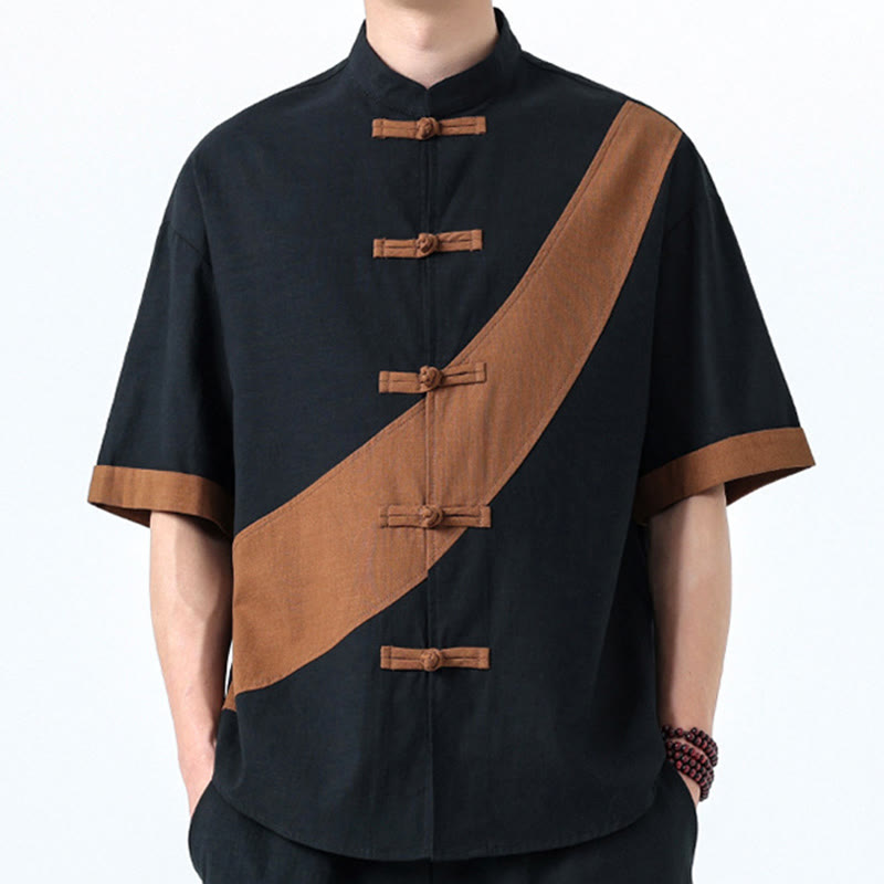 Buddha Stones春のカラーコントラスト 中国風フロッグボタンデザイン メンズ 半袖 コットンリネンシャツ - image 34