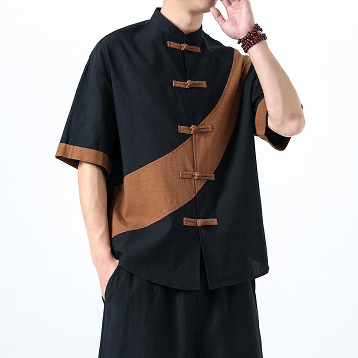 Buddha Stones春のカラーコントラスト 中国風フロッグボタンデザイン メンズ 半袖 コットンリネンシャツ - image 31