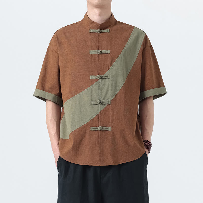 Buddha Stones春のカラーコントラスト 中国風フロッグボタンデザイン メンズ 半袖 コットンリネンシャツ - image 26