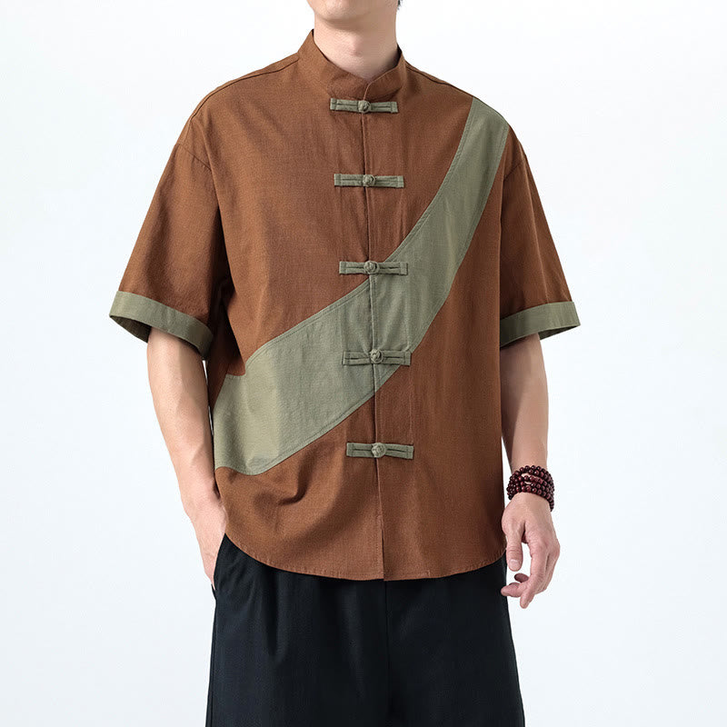 Buddha Stones春のカラーコントラスト 中国風フロッグボタンデザイン メンズ 半袖 コットンリネンシャツ