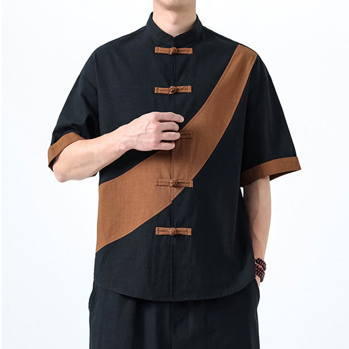 Buddha Stones春のカラーコントラスト 中国風フロッグボタンデザイン メンズ 半袖 コットンリネンシャツ - image 32