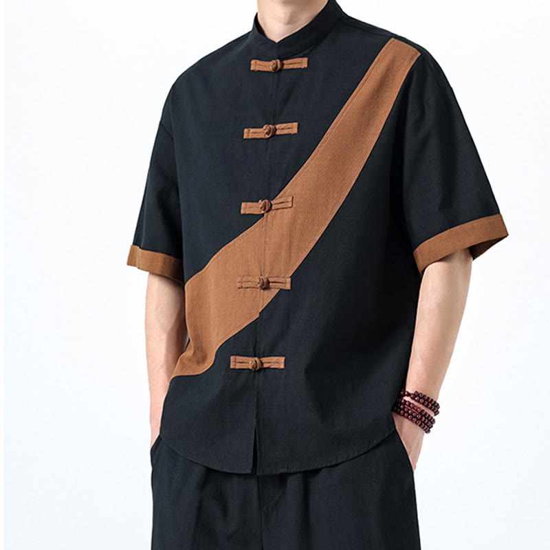 Buddha Stones春のカラーコントラスト 中国風フロッグボタンデザイン メンズ 半袖 コットンリネンシャツ - image 33