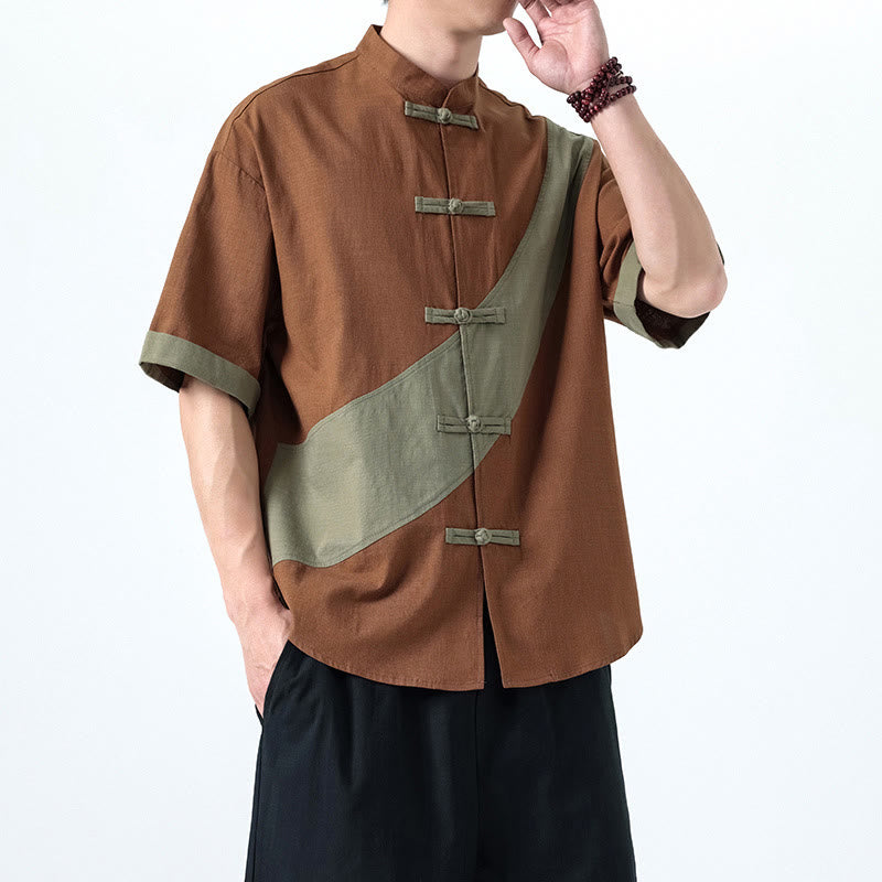 Buddha Stones春のカラーコントラスト 中国風フロッグボタンデザイン メンズ 半袖 コットンリネンシャツ - image 27