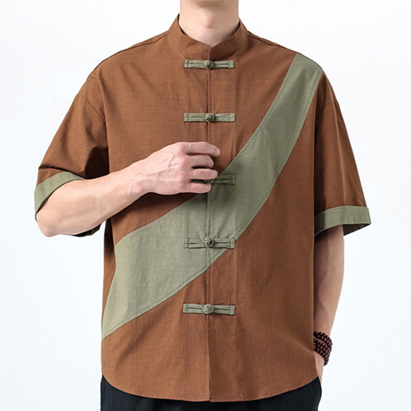 Buddha Stones春のカラーコントラスト 中国風フロッグボタンデザイン メンズ 半袖 コットンリネンシャツ - image 20