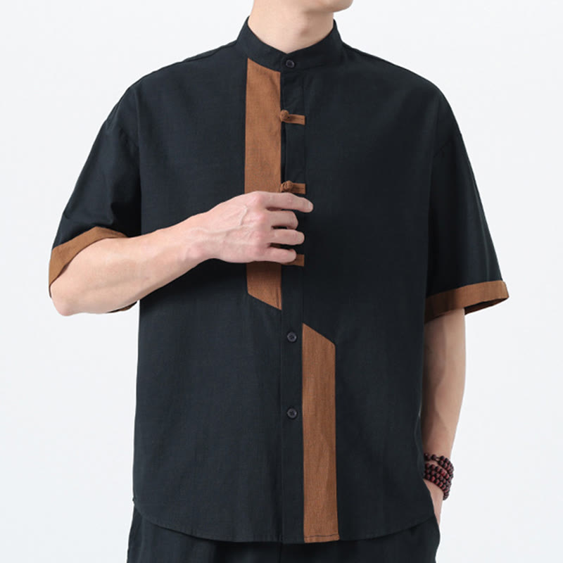 Buddha Stonesカジュアルカラーマッチング中国カエルボタンデザイン唐装メンズ半袖コットンリネンシャツ - image 4