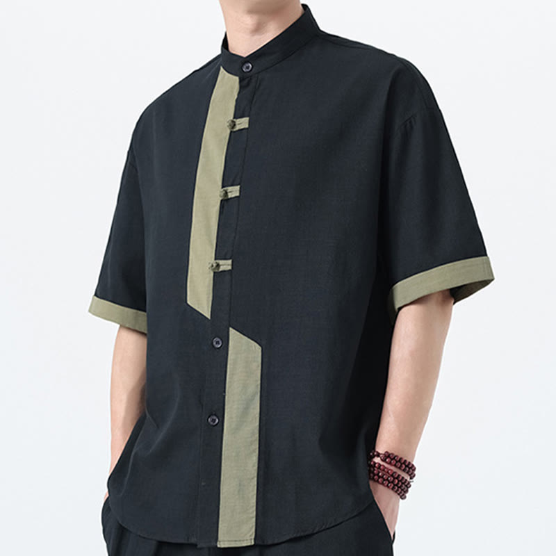 Buddha Stonesカジュアルカラーマッチング中国カエルボタンデザイン唐装メンズ半袖コットンリネンシャツ - image 21