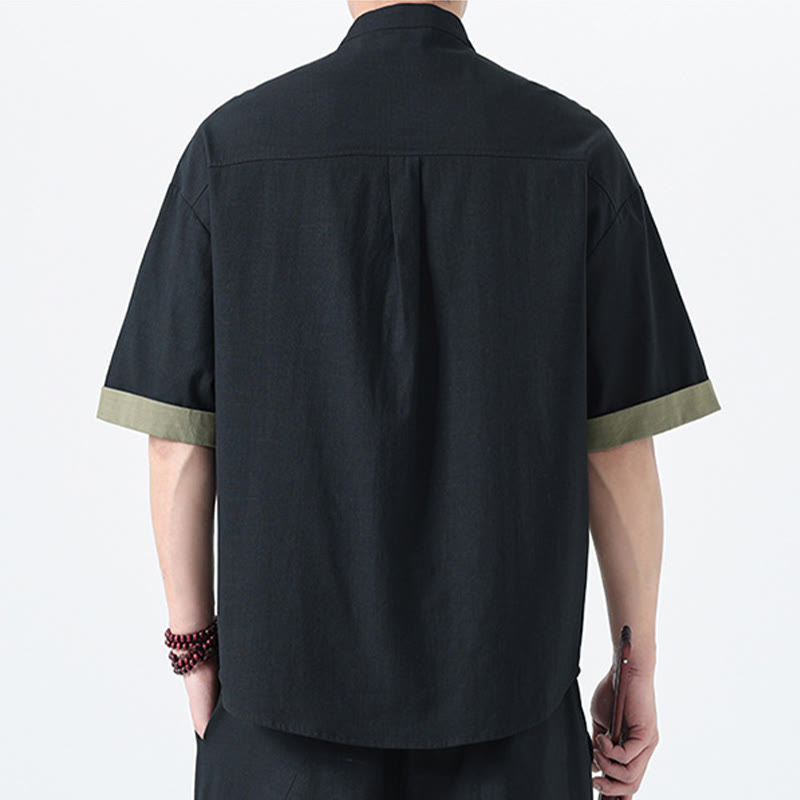 Buddha Stonesカジュアルカラーマッチング中国カエルボタンデザイン唐装メンズ半袖コットンリネンシャツ - image 24