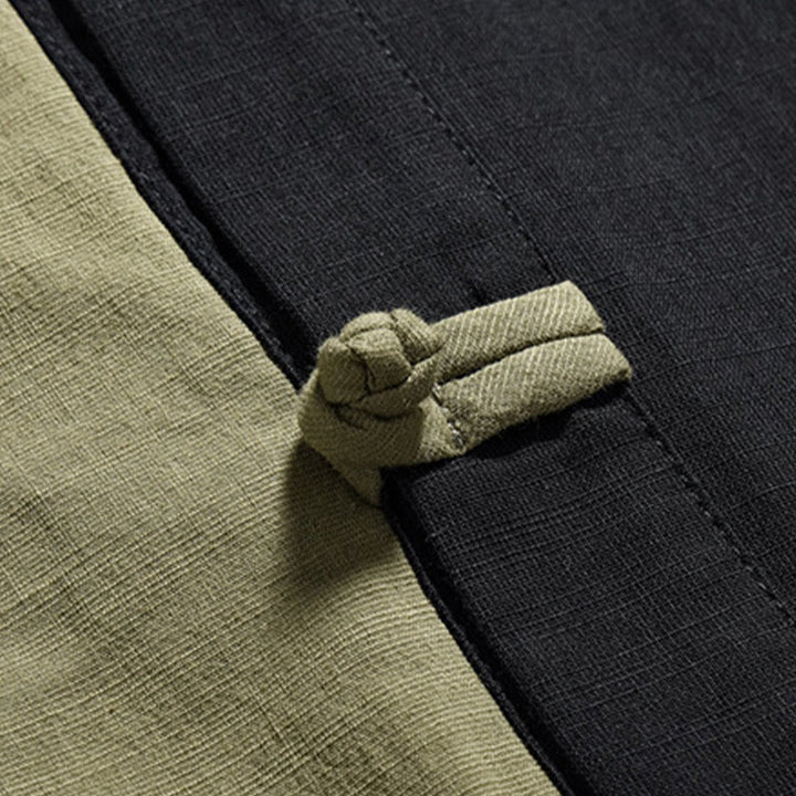 Buddha Stonesカジュアルカラーマッチング中国カエルボタンデザイン唐装メンズ半袖コットンリネンシャツ - image 28