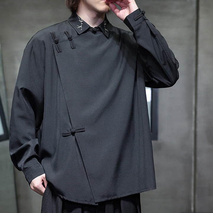 Buddha Stonesヴィンテージ純色中国風カエルボタンデザイン刺繍ラペルメンズ長袖シャツ - image 4