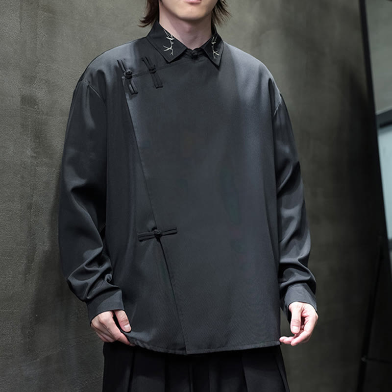 Buddha Stonesヴィンテージ純色中国風カエルボタンデザイン刺繍ラペルメンズ長袖シャツ - image 8