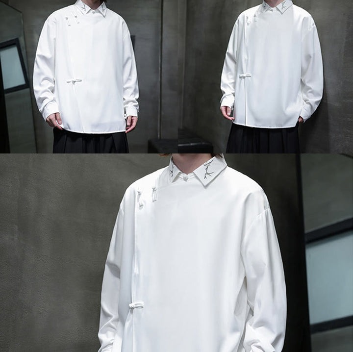 Buddha Stonesヴィンテージ純色中国風カエルボタンデザイン刺繍ラペルメンズ長袖シャツ - image 21