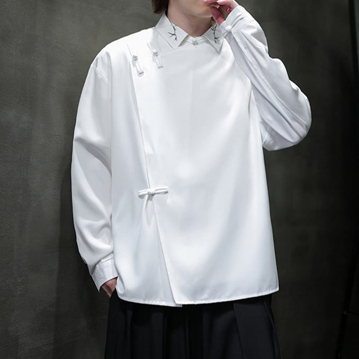 Buddha Stonesヴィンテージ純色中国風カエルボタンデザイン刺繍ラペルメンズ長袖シャツ - image 17