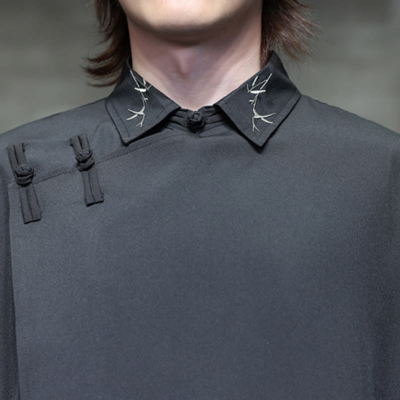 Buddha Stonesヴィンテージ純色中国風カエルボタンデザイン刺繍ラペルメンズ長袖シャツ - image 10