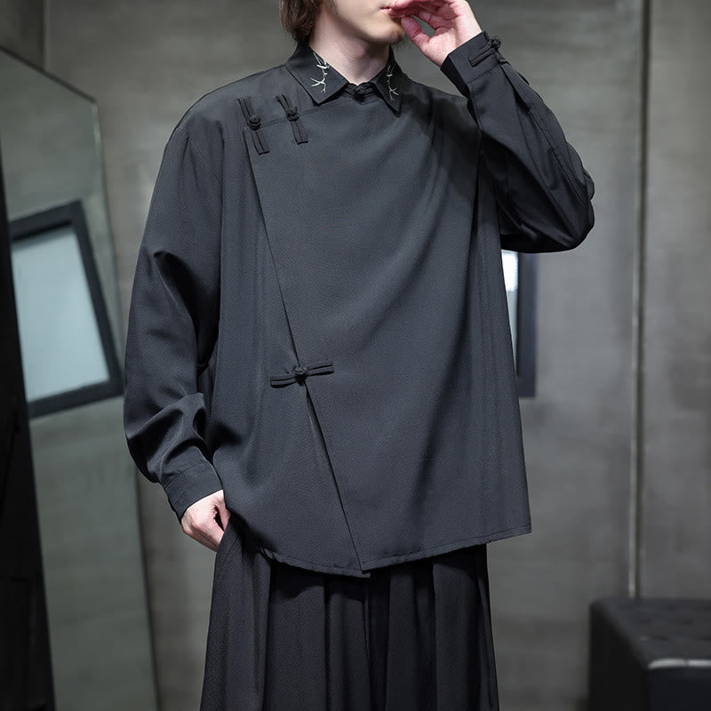 Buddha Stonesヴィンテージ純色中国風カエルボタンデザイン刺繍ラペルメンズ長袖シャツ - image 7