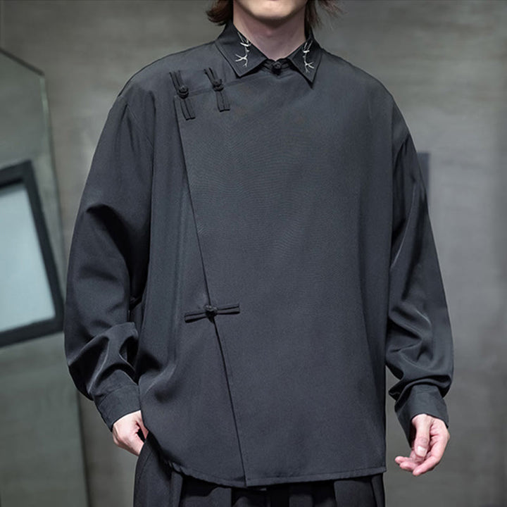 Buddha Stonesヴィンテージ純色中国風カエルボタンデザイン刺繍ラペルメンズ長袖シャツ - image 1