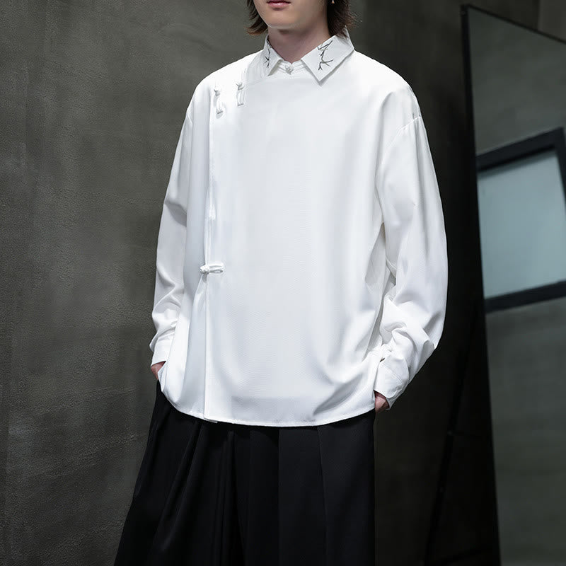 Buddha Stonesヴィンテージ純色中国風カエルボタンデザイン刺繍ラペルメンズ長袖シャツ - image 19