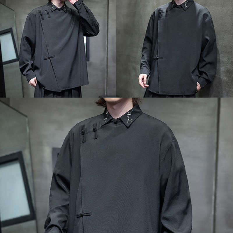 Buddha Stonesヴィンテージ純色中国風カエルボタンデザイン刺繍ラペルメンズ長袖シャツ - image 13