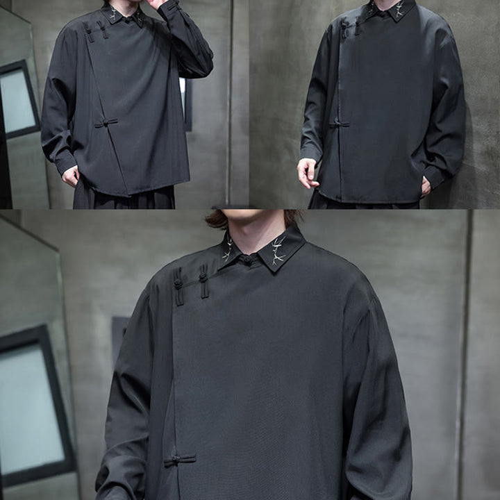 Buddha Stonesヴィンテージ純色中国風カエルボタンデザイン刺繍ラペルメンズ長袖シャツ - image 13