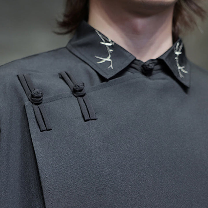 Buddha Stonesヴィンテージ純色中国風カエルボタンデザイン刺繍ラペルメンズ長袖シャツ - image 9