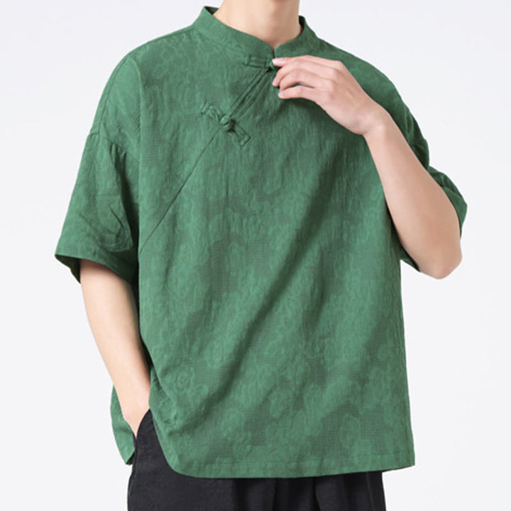 Buddha Stonesレトロ 純色 カエルボタンデザイン ジャカード 花柄 メンズ 半袖 コットンリネン シャツ - シーグリーン - US/UK/AU46、 EU56 (5XL) - image 0