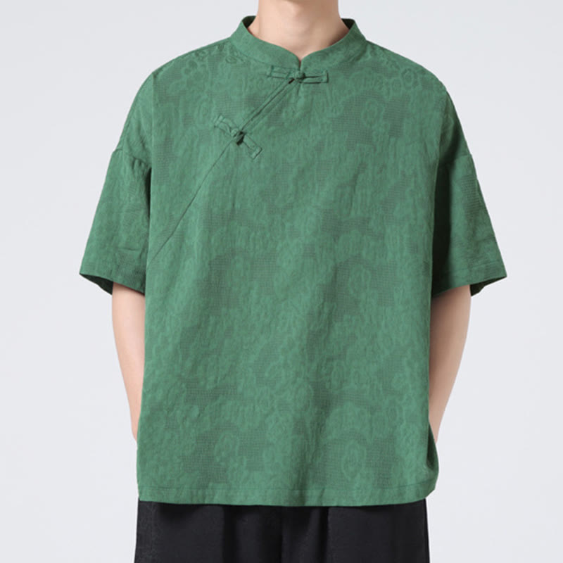 Buddha Stonesレトロ 純色 カエルボタンデザイン ジャカード 花柄 メンズ 半袖 コットンリネン シャツ - image 1