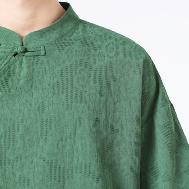 Buddha Stonesレトロ 純色 カエルボタンデザイン ジャカード 花柄 メンズ 半袖 コットンリネン シャツ - image 9