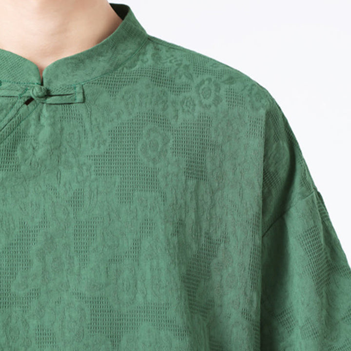 Buddha Stonesレトロ 純色 カエルボタンデザイン ジャカード 花柄 メンズ 半袖 コットンリネン シャツ - image 9