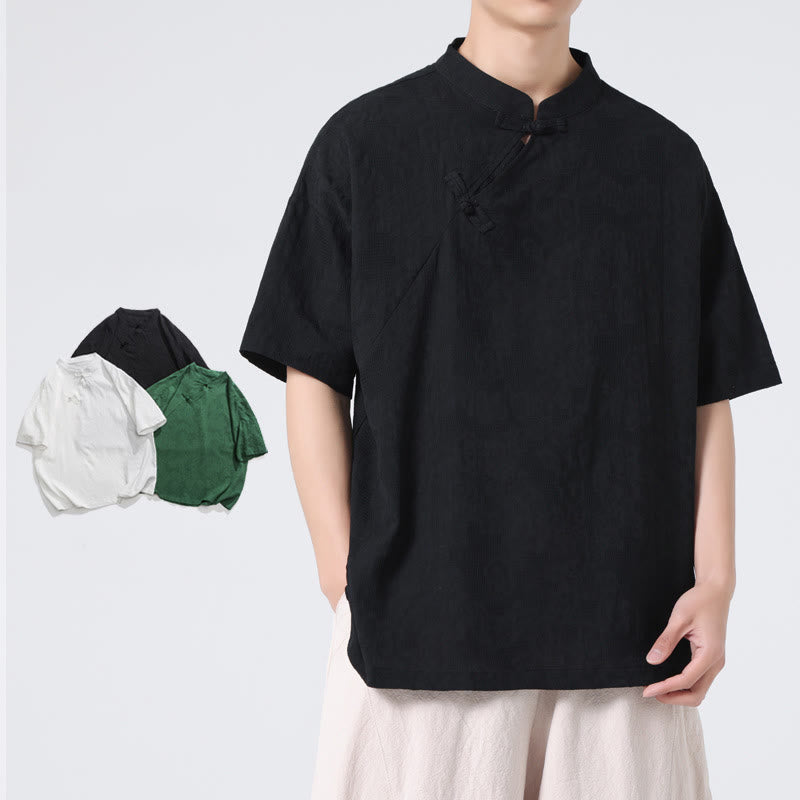 Buddha Stonesレトロ 純色 カエルボタンデザイン ジャカード 花柄 メンズ 半袖 コットンリネン シャツ - image 25