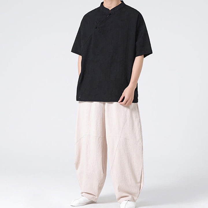 Buddha Stonesレトロ 純色 カエルボタンデザイン ジャカード 花柄 メンズ 半袖 コットンリネン シャツ - image 32