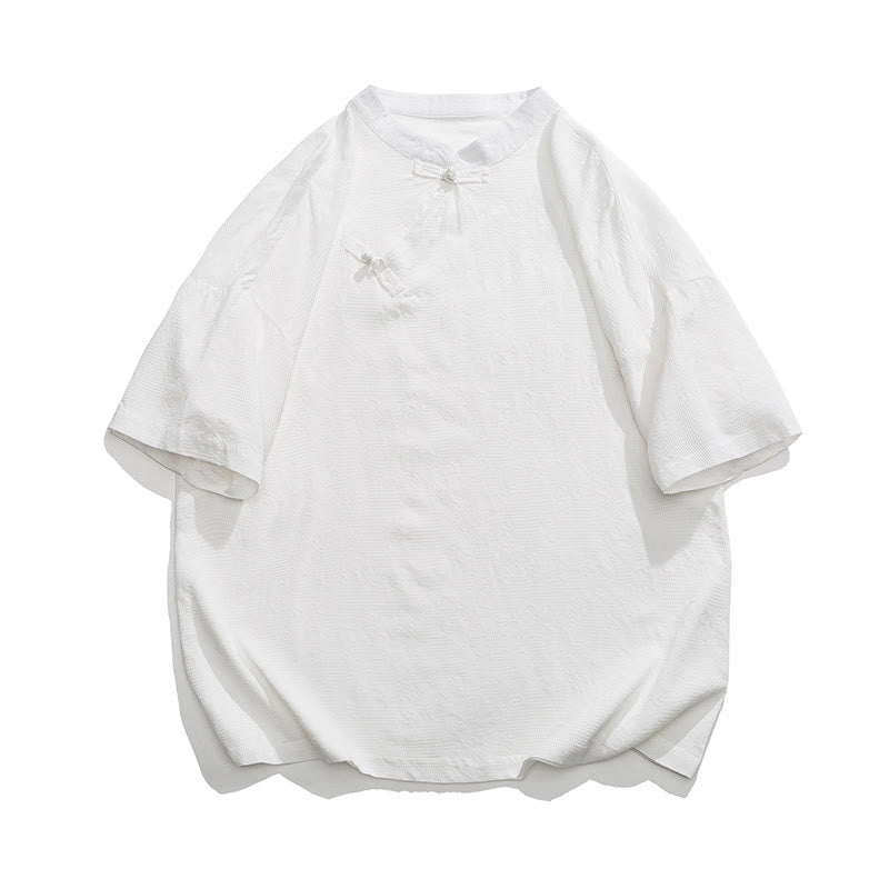 Buddha Stonesレトロ 純色 カエルボタンデザイン ジャカード 花柄 メンズ 半袖 コットンリネン シャツ - 白 - US/UK/AU46、 EU56 (5XL) - image 14