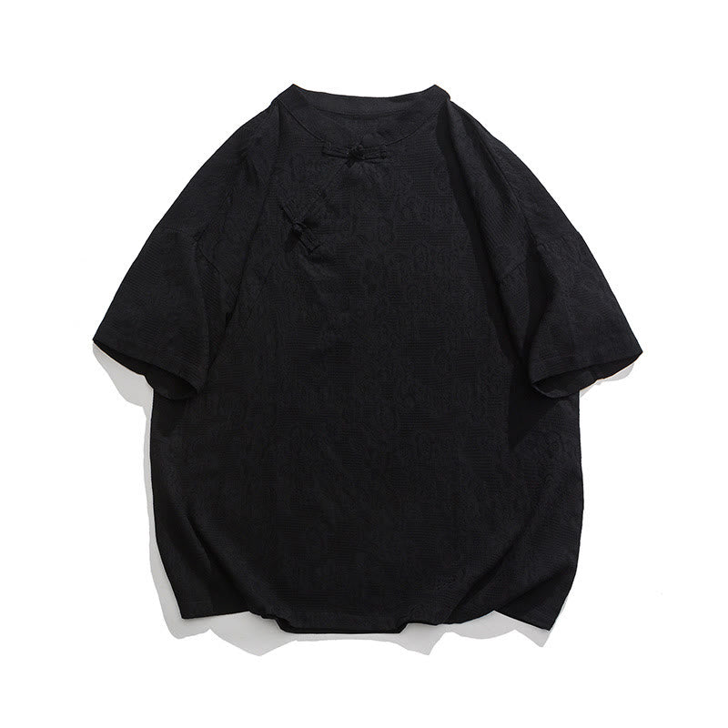 Buddha Stonesレトロ 純色 カエルボタンデザイン ジャカード 花柄 メンズ 半袖 コットンリネン シャツ - 黒 - US/UK/AU46、 EU56 (5XL) - image 24