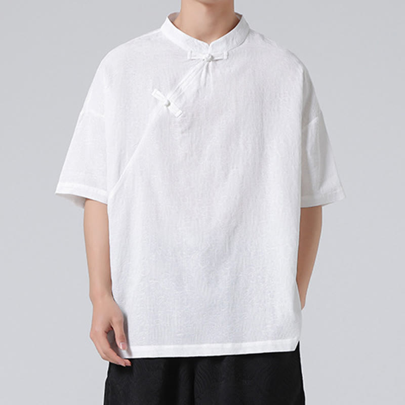 Buddha Stonesレトロ 純色 カエルボタンデザイン ジャカード 花柄 メンズ 半袖 コットンリネン シャツ - image 19