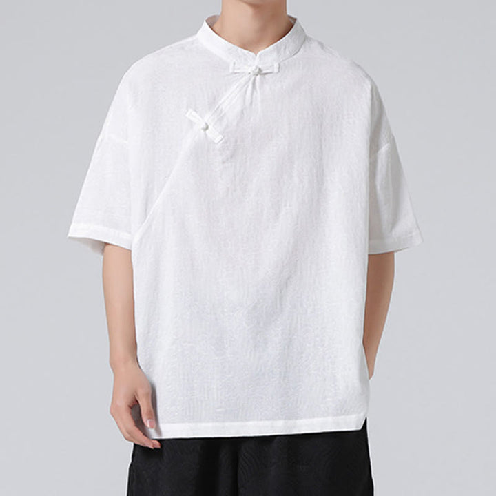 Buddha Stonesレトロ 純色 カエルボタンデザイン ジャカード 花柄 メンズ 半袖 コットンリネン シャツ - image 19