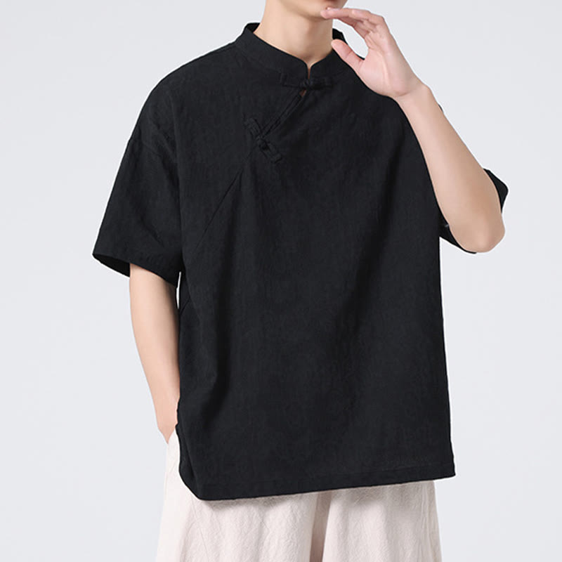 Buddha Stonesレトロ 純色 カエルボタンデザイン ジャカード 花柄 メンズ 半袖 コットンリネン シャツ - image 27