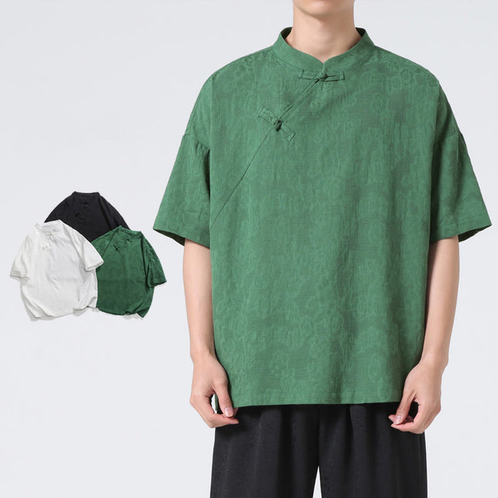 Buddha Stonesレトロ 純色 カエルボタンデザイン ジャカード 花柄 メンズ 半袖 コットンリネン シャツ - image 6