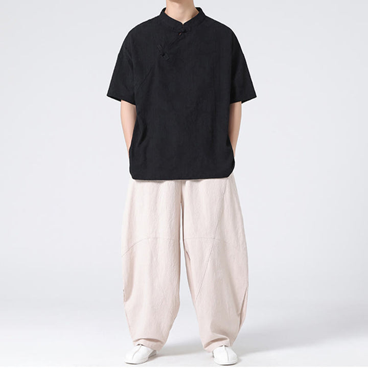 Buddha Stonesレトロ 純色 カエルボタンデザイン ジャカード 花柄 メンズ 半袖 コットンリネン シャツ - image 33