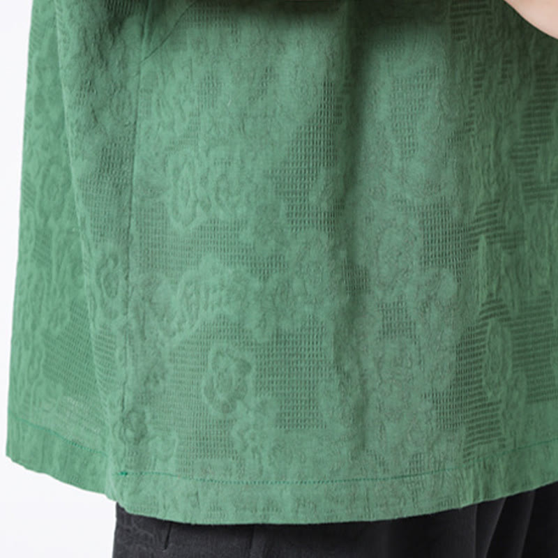 Buddha Stonesレトロ 純色 カエルボタンデザイン ジャカード 花柄 メンズ 半袖 コットンリネン シャツ - image 10