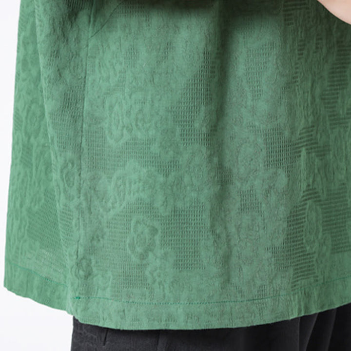 Buddha Stonesレトロ 純色 カエルボタンデザイン ジャカード 花柄 メンズ 半袖 コットンリネン シャツ - image 10