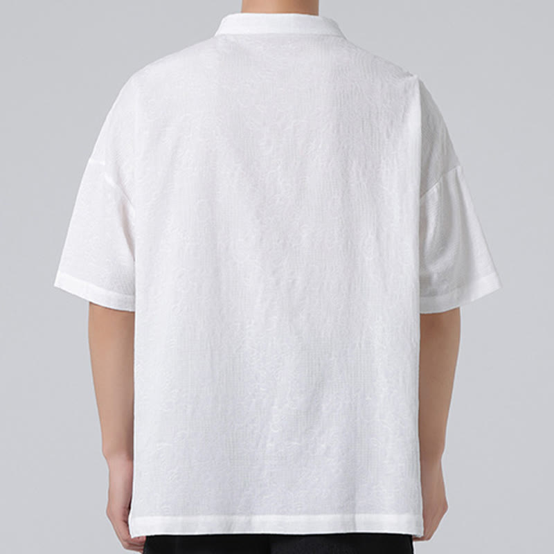 Buddha Stonesレトロ 純色 カエルボタンデザイン ジャカード 花柄 メンズ 半袖 コットンリネン シャツ - image 17