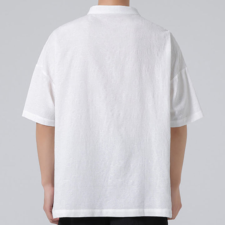 Buddha Stonesレトロ 純色 カエルボタンデザイン ジャカード 花柄 メンズ 半袖 コットンリネン シャツ - image 17