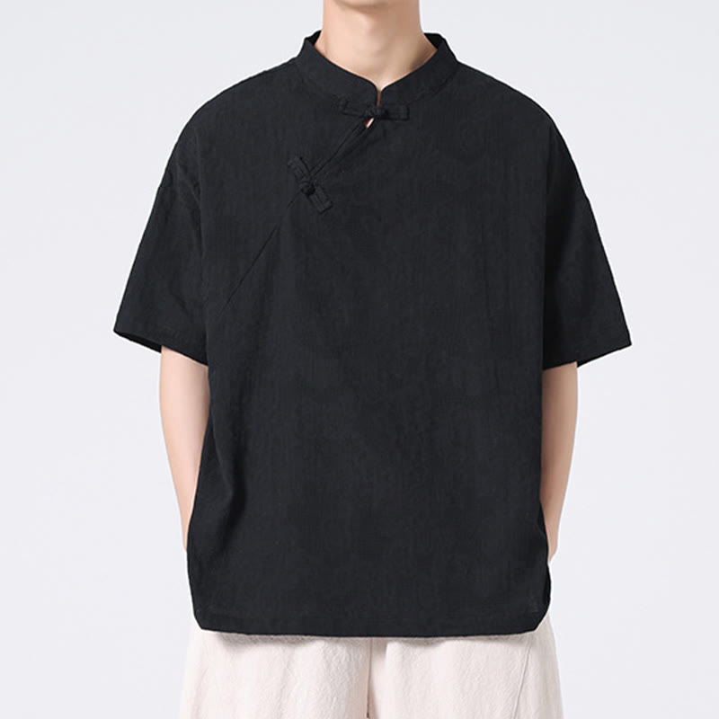 Buddha Stonesレトロ 純色 カエルボタンデザイン ジャカード 花柄 メンズ 半袖 コットンリネン シャツ - image 28