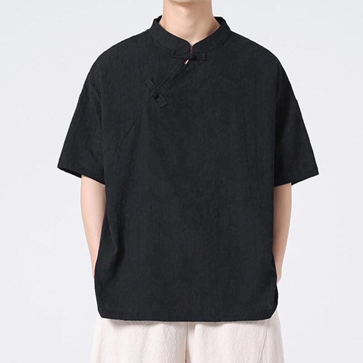 Buddha Stonesレトロ 純色 カエルボタンデザイン ジャカード 花柄 メンズ 半袖 コットンリネン シャツ - image 28