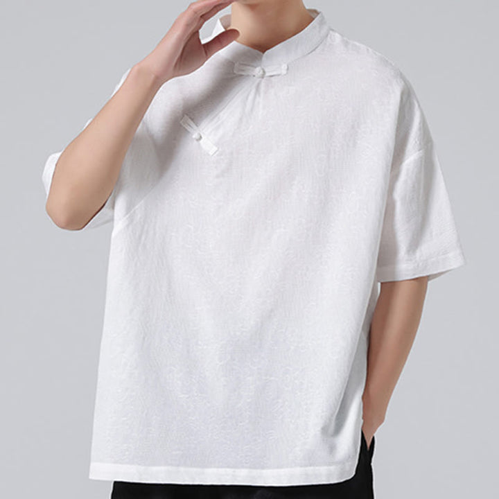 Buddha Stonesレトロ 純色 カエルボタンデザイン ジャカード 花柄 メンズ 半袖 コットンリネン シャツ - image 20