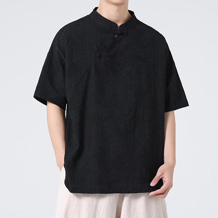 Buddha Stonesレトロ 純色 カエルボタンデザイン ジャカード 花柄 メンズ 半袖 コットンリネン シャツ - image 31